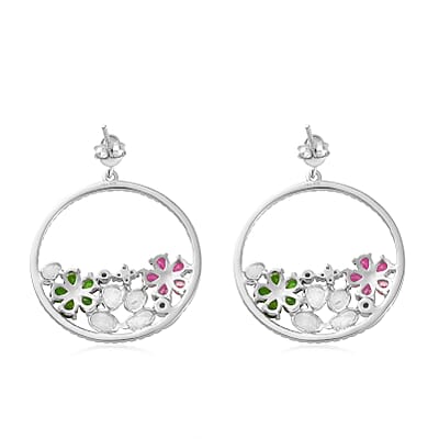 Polki Diamond and Multi Gemstone Floral Earrings in Platinum Over Sterling Silver 4.90 ctw