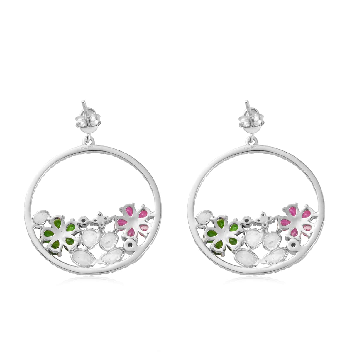 Polki Diamond and Multi Gemstone Floral Earrings in Platinum Over Sterling Silver 4.90 ctw image number 2