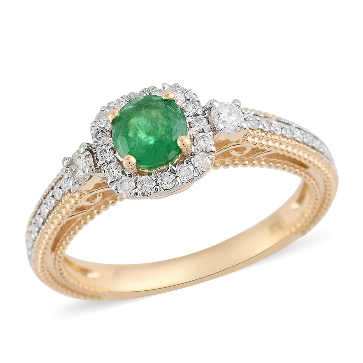 14K Yellow Gold AAA Kagem Zambian Intense Green Emerald, Diamond Ring 0.85 ctw image number 0