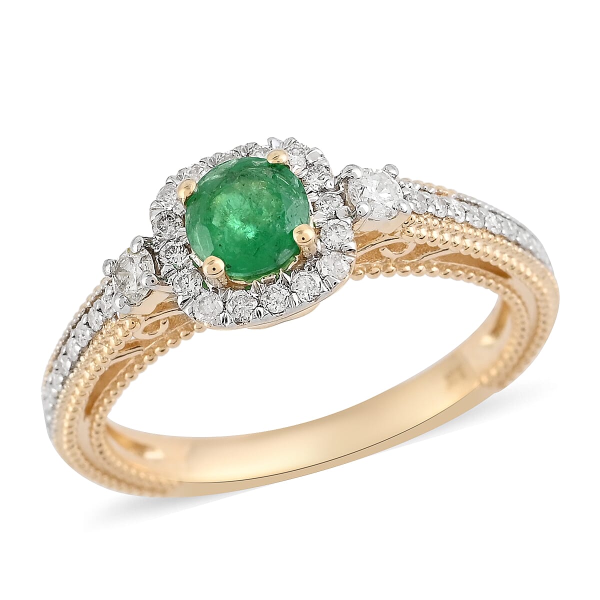 14K Yellow Gold AAA Kagem Zambian Intense Green Emerald, Diamond Ring 0.85 ctw image number 0