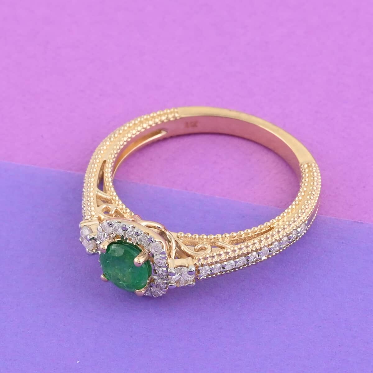 14K Yellow Gold AAA Kagem Zambian Intense Green Emerald, Diamond Ring 0.85 ctw image number 1