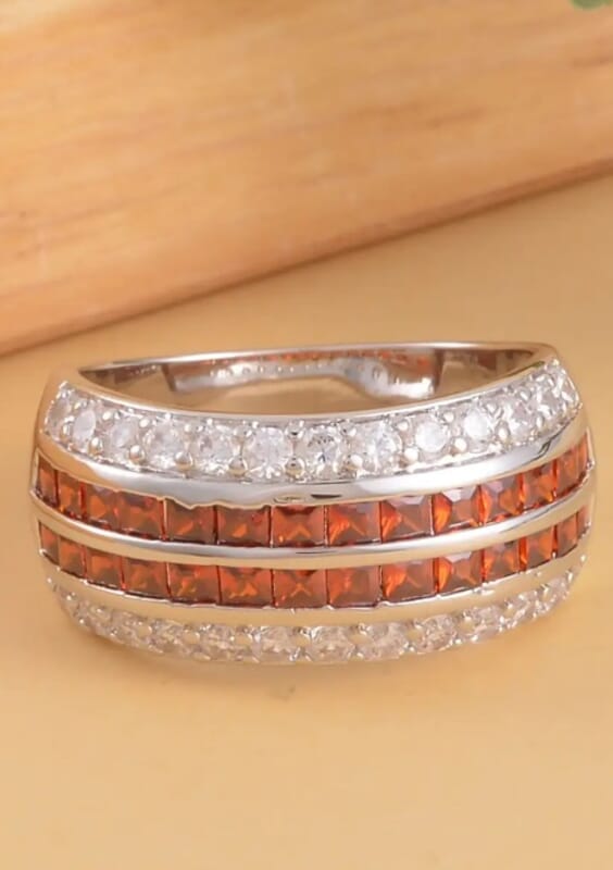 Simulated Garnet and White Diamond Multi Row Band Ring in Silvertone (Size 10.0)