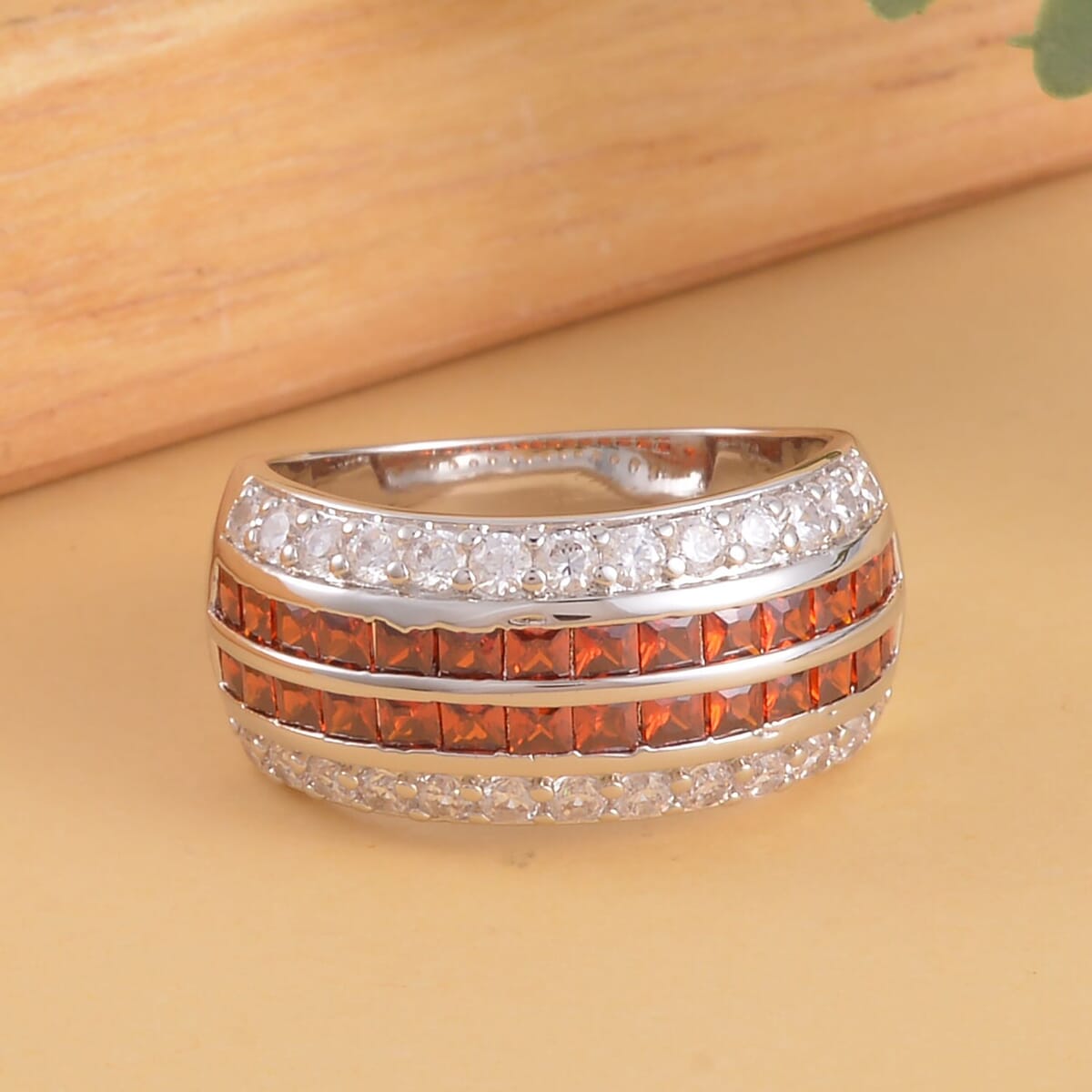 Simulated Garnet and White Diamond Multi Row Band Ring in Silvertone image number 1