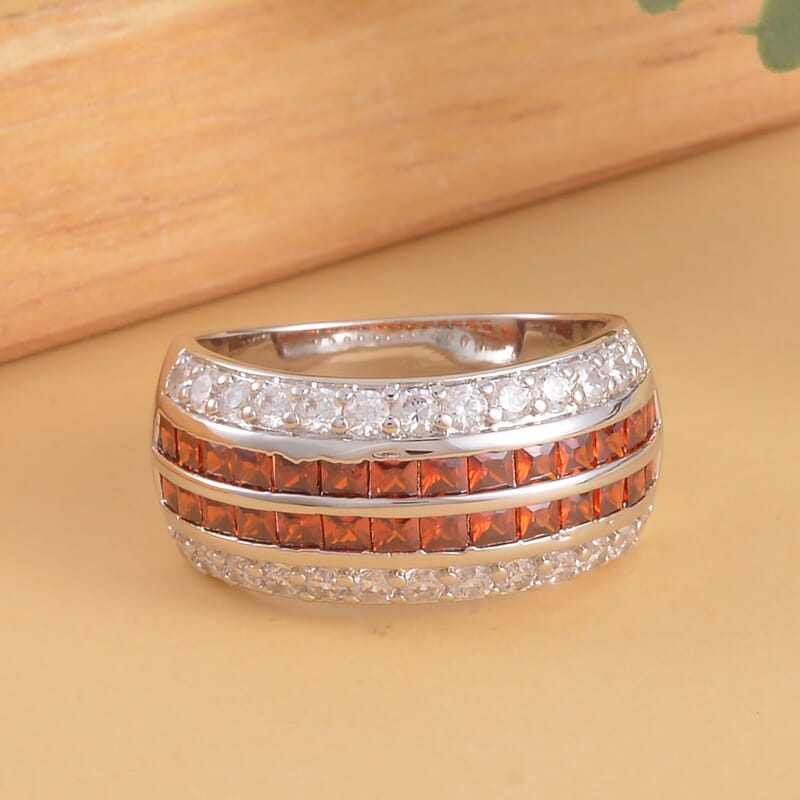 Simulated Garnet and White Diamond Multi Row Band Ring in Silvertone (Size 10.0)
