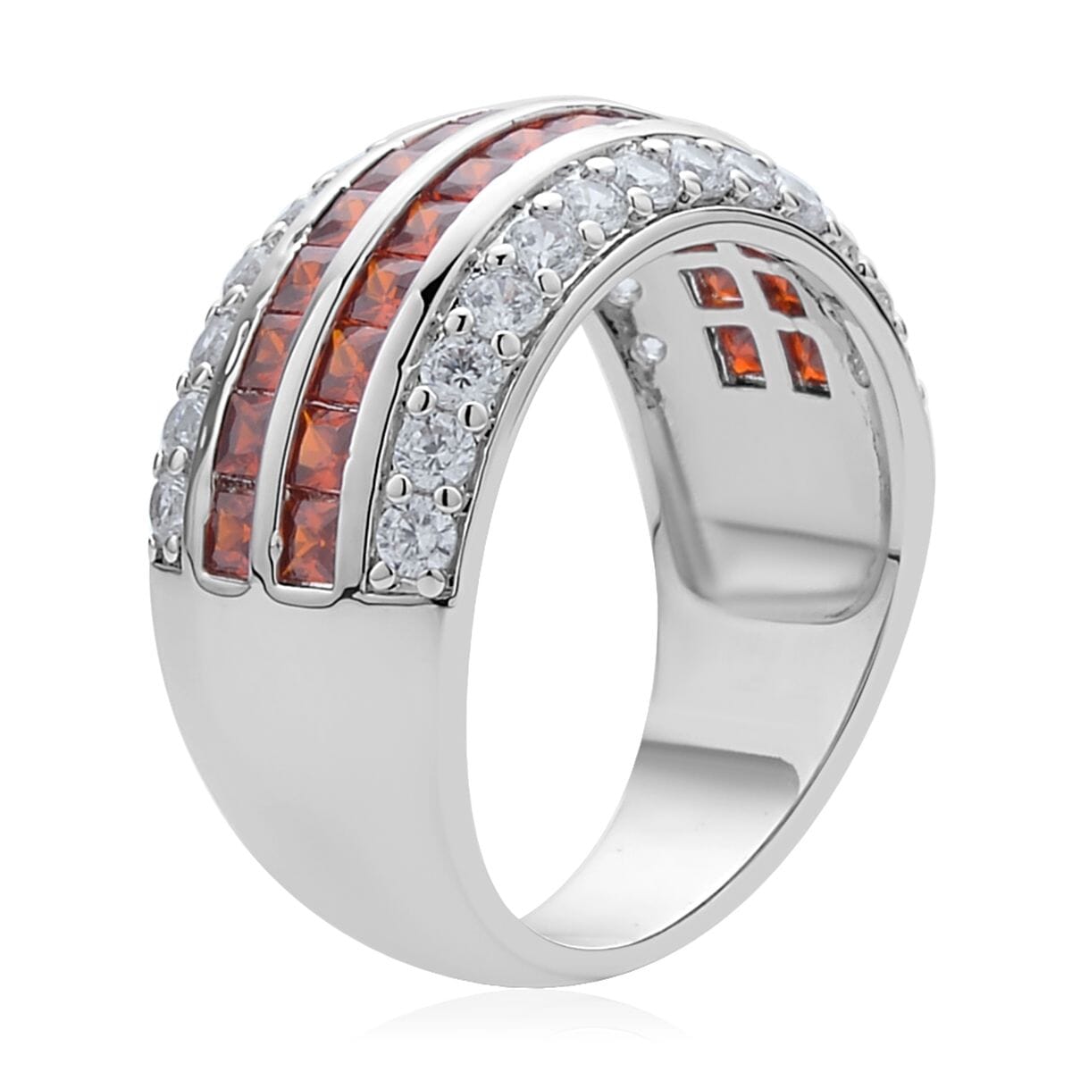 Simulated Garnet and White Diamond Multi Row Band Ring in Silvertone image number 3