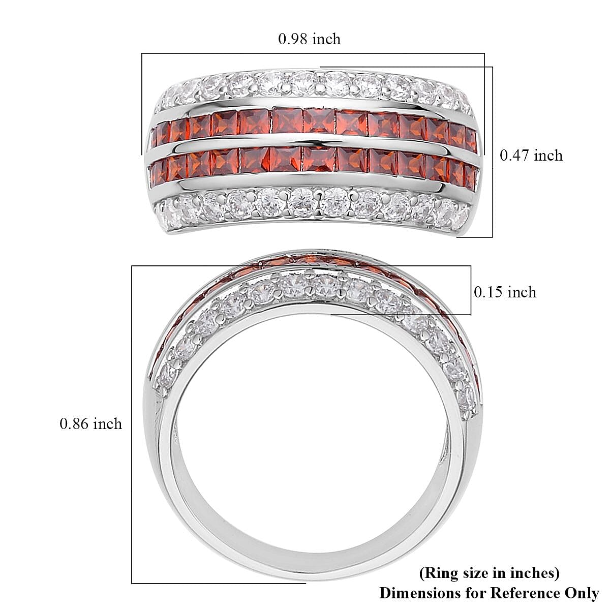Simulated Garnet and White Diamond Multi Row Band Ring in Silvertone (Size 10.0)