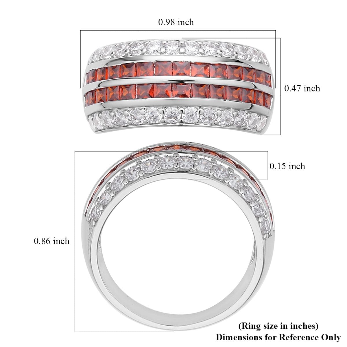 Simulated Garnet and White Diamond Multi Row Band Ring in Silvertone image number 5