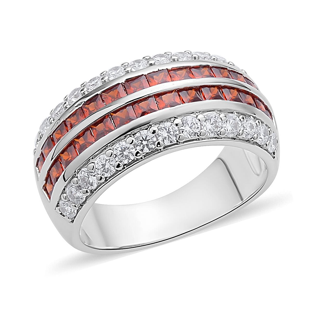 Simulated Garnet and White Diamond Multi Row Band Ring in Silvertone (Size 5.0) image number 0