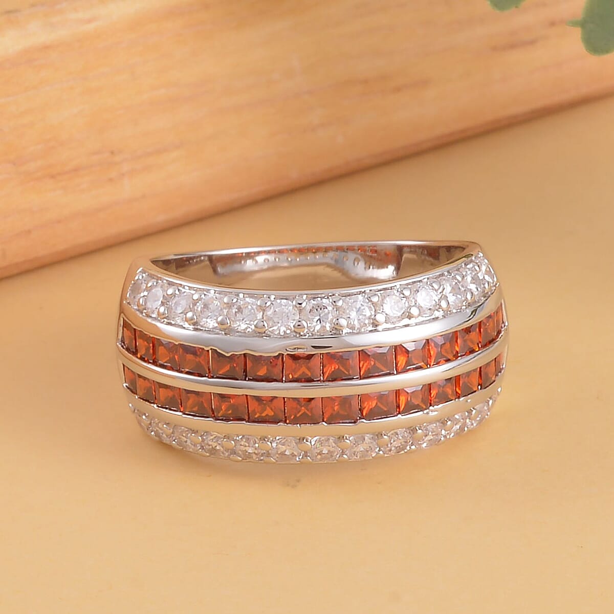 Simulated Garnet and White Diamond Multi Row Band Ring in Silvertone (Size 5.0) image number 1