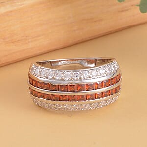 Simulated Garnet and White Diamond Multi Row Band Ring in Silvertone (Size 6.0)