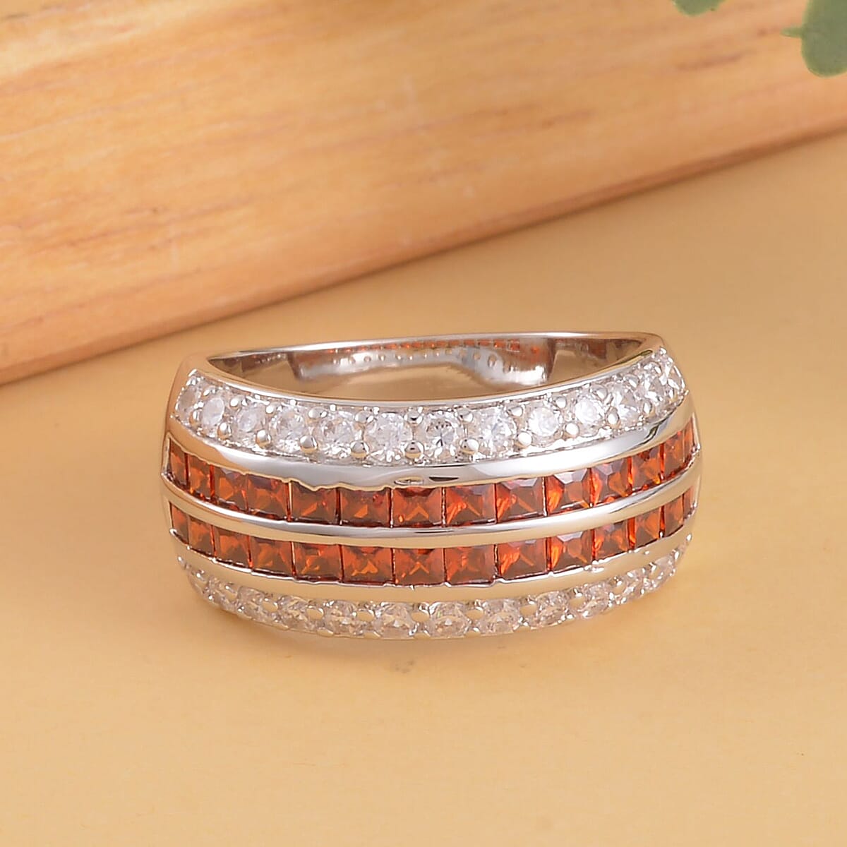 Simulated Garnet and White Diamond Multi Row Band Ring in Silvertone (Size 8.0) image number 1