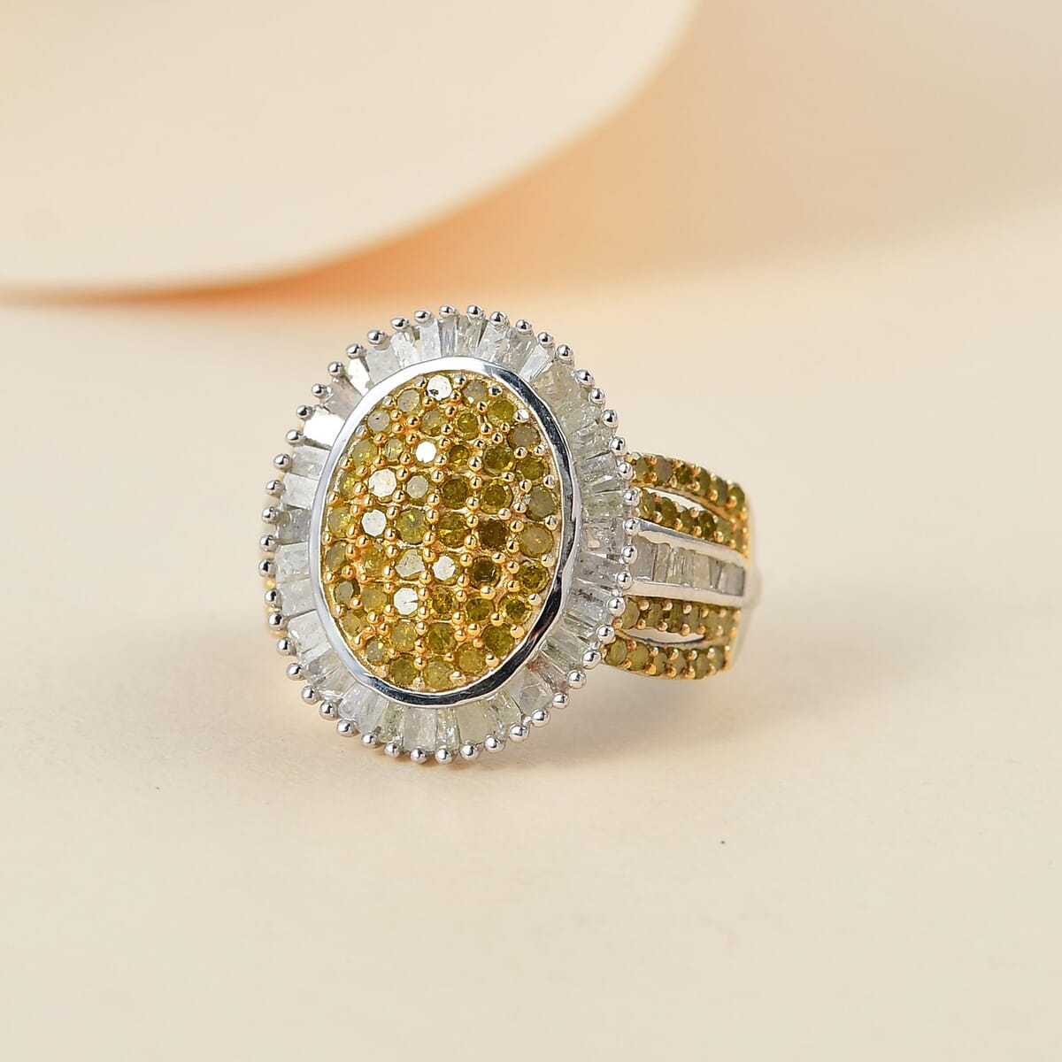 Yellow and White Diamond Cocktail Ring in Platinum Over Sterling Silver (Size 7.0) 2.00 ctw image number 1