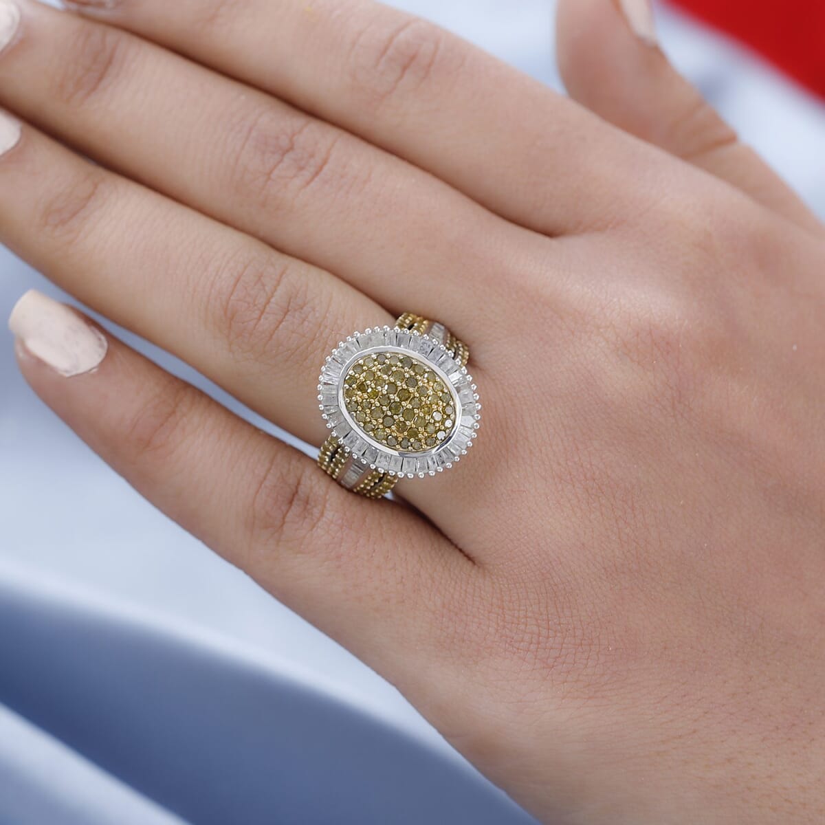 Yellow and White Diamond Cocktail Ring in Platinum Over Sterling Silver (Size 7.0) 2.00 ctw image number 2