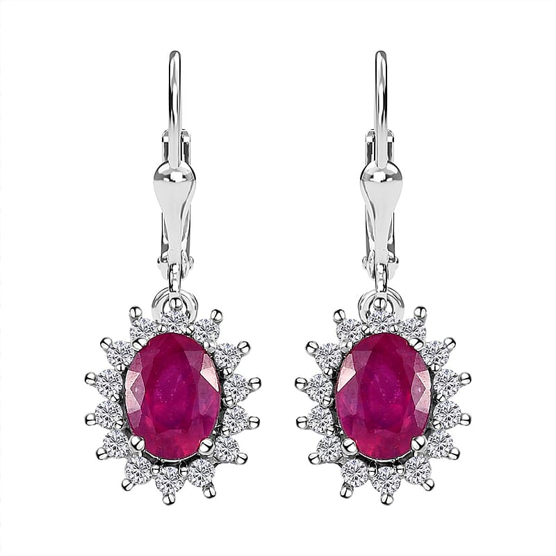 Niassa Ruby (FF) and White Zircon Sunburst Lever Back Earrings in Platinum Over Sterling Silver 4.75 ctw