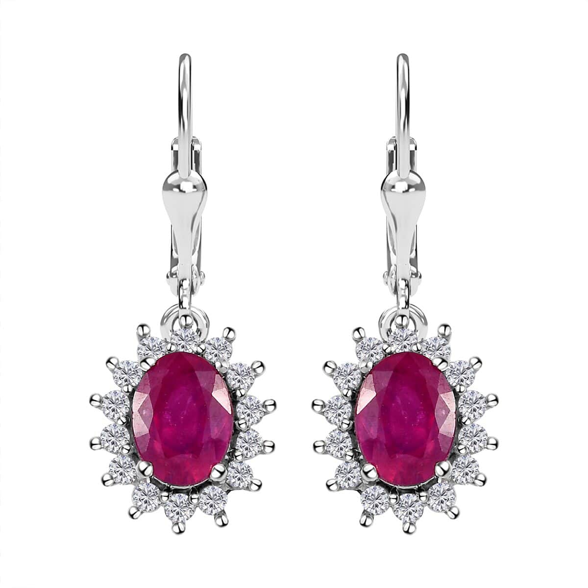 Niassa Ruby (FF) and White Zircon Sunburst Lever Back Earrings in Platinum Over Sterling Silver 4.75 ctw image number 0