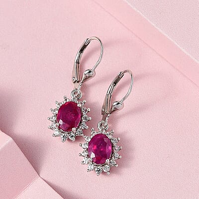 Niassa Ruby (FF) and White Zircon Sunburst Lever Back Earrings in Platinum Over Sterling Silver 4.75 ctw
