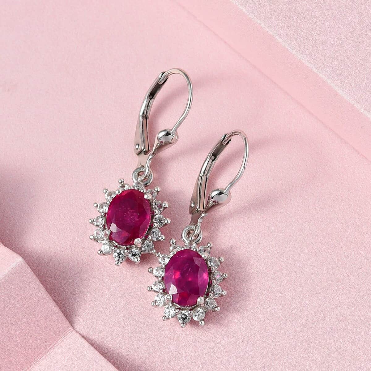 Niassa Ruby (FF) and White Zircon Sunburst Lever Back Earrings in Platinum Over Sterling Silver 4.75 ctw image number 1