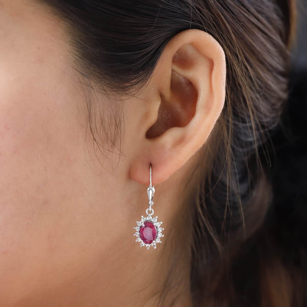 Niassa Ruby and Natural White Zircon Sunburst Lever Back Earrings in Platinum Over Sterling Silver 4.75 ctw image number 2