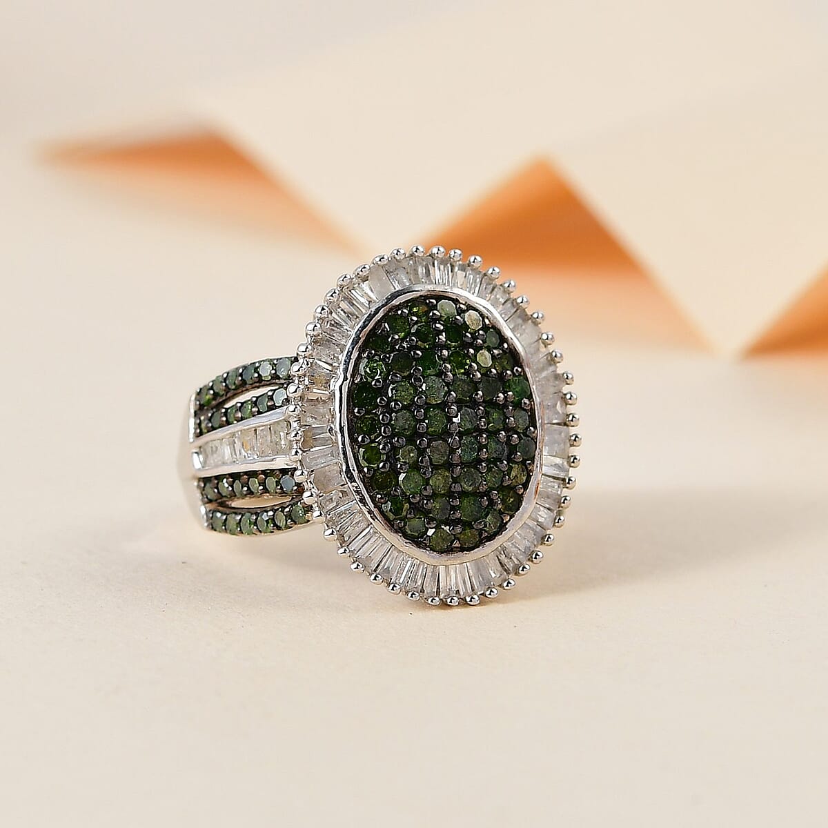 Green and White Diamond Cocktail Ring in Platinum Over Sterling Silver (Size 6.0) 2.00 ctw image number 1