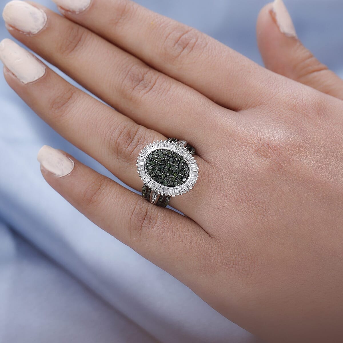 Green and White Diamond Cocktail Ring in Platinum Over Sterling Silver (Size 7.0) 2.00 ctw image number 2