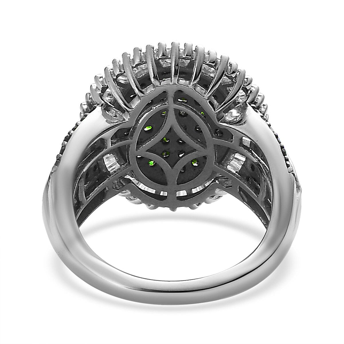 Green and White Diamond Cocktail Ring in Platinum Over Sterling Silver (Size 7.0) 2.00 ctw image number 4