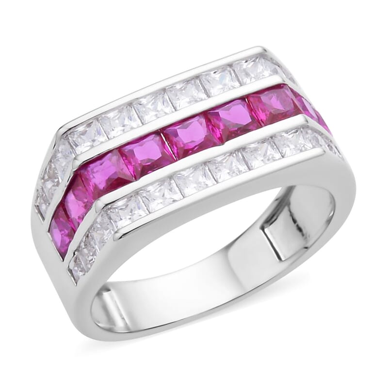 Simulated Ruby and White Diamond Geometrical Band Ring in Silvertone (Size 11.0)