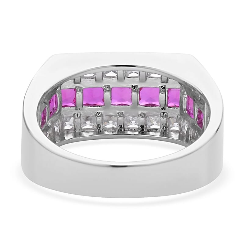 Simulated Ruby and White Diamond Geometrical Band Ring in Silvertone (Size 11.0)