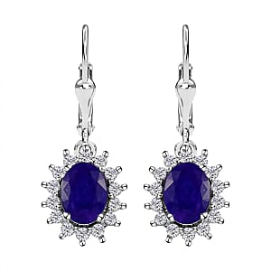 Masoala Sapphire (FF) and Natural White Zircon Sunburst Lever Back Earrings in Platinum Over Sterling Silver 4.65 ctw