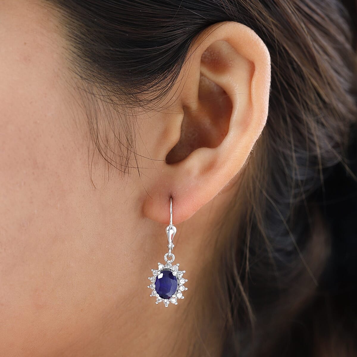 Masoala Sapphire (FF) and Natural White Zircon Sunburst Lever Back Earrings in Platinum Over Sterling Silver 4.65 ctw image number 2