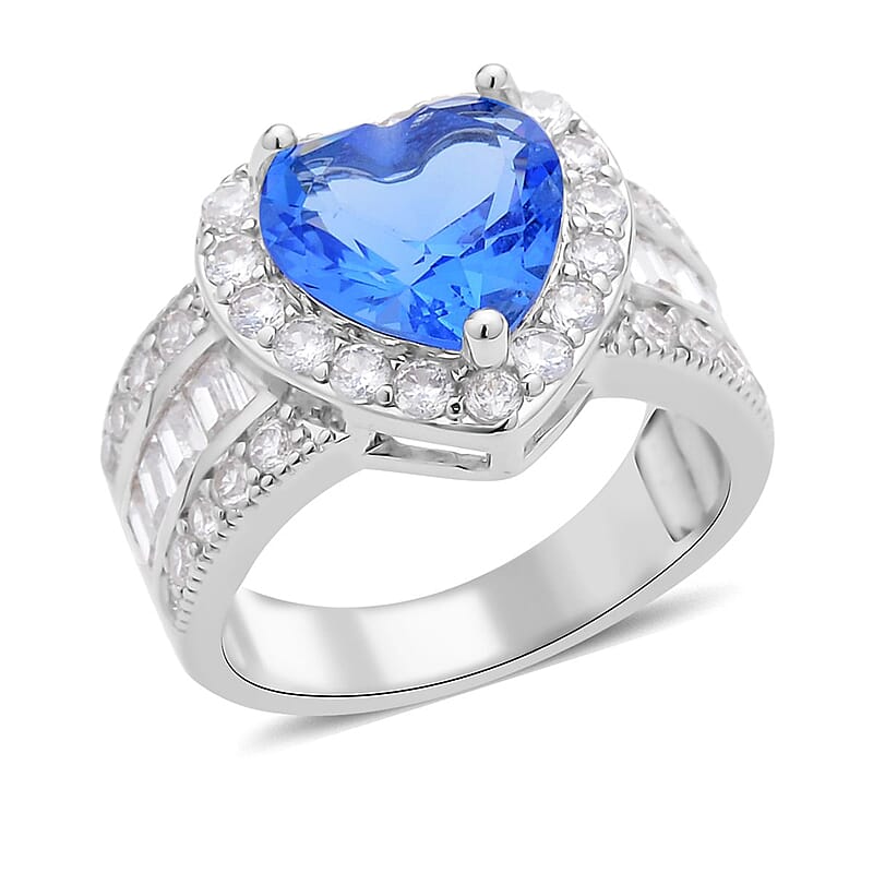 Simulated Blue Sapphire and Simulated Diamond Heart Ring in Silvertone (Size 10.0) 10.75 ctw