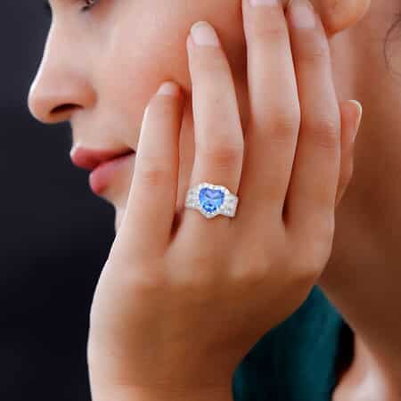 Simulated Blue Sapphire and Simulated Diamond Heart Ring in Silvertone (Size 10.0) 10.75 ctw image number 2