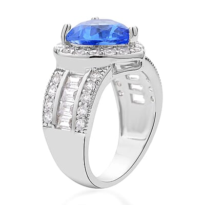 Simulated Blue Sapphire and Simulated Diamond Heart Ring in Silvertone (Size 10.0) 10.75 ctw
