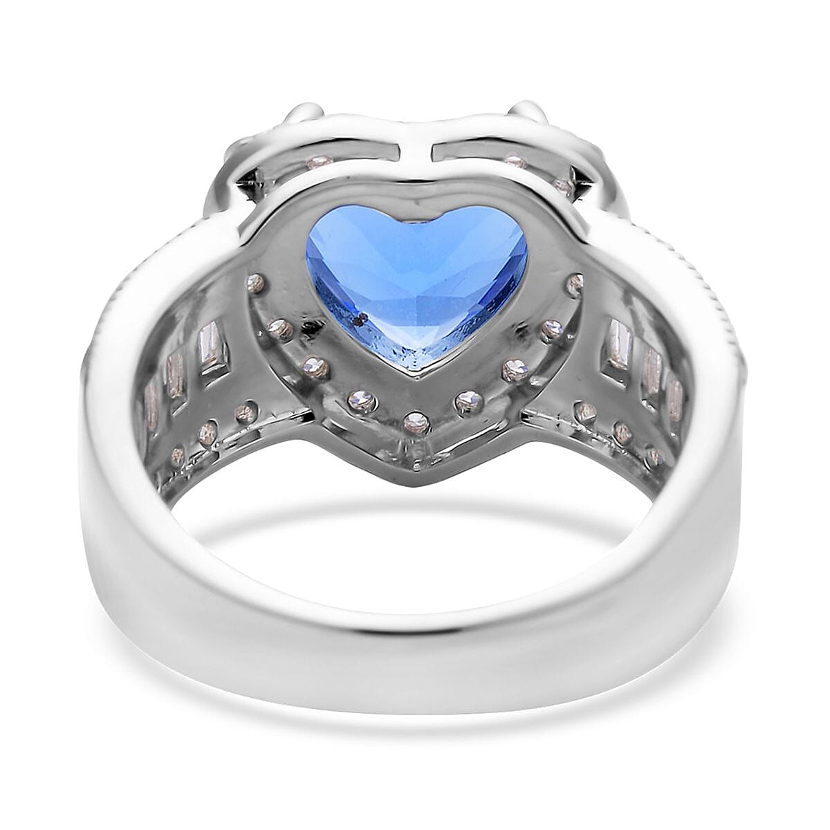 Simulated Blue Sapphire and Simulated Diamond Heart Ring in Silvertone (Size 10.0) 10.75 ctw