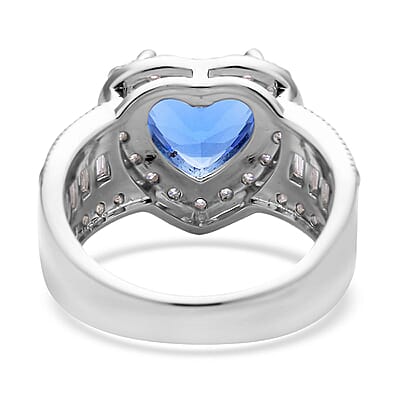 Simulated Blue Sapphire and Simulated Diamond Heart Ring in Silvertone (Size 10.0) 10.75 ctw