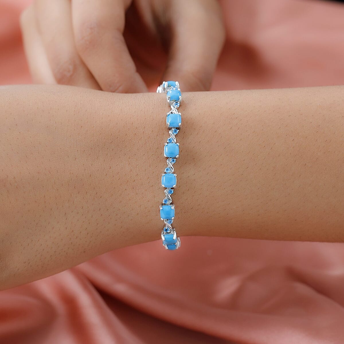Sleeping Beauty Turquoise and Malgache Neon Apatite Bracelet in Platinum Over Sterling Silver (8.00 In) 10.75 ctw image number 2
