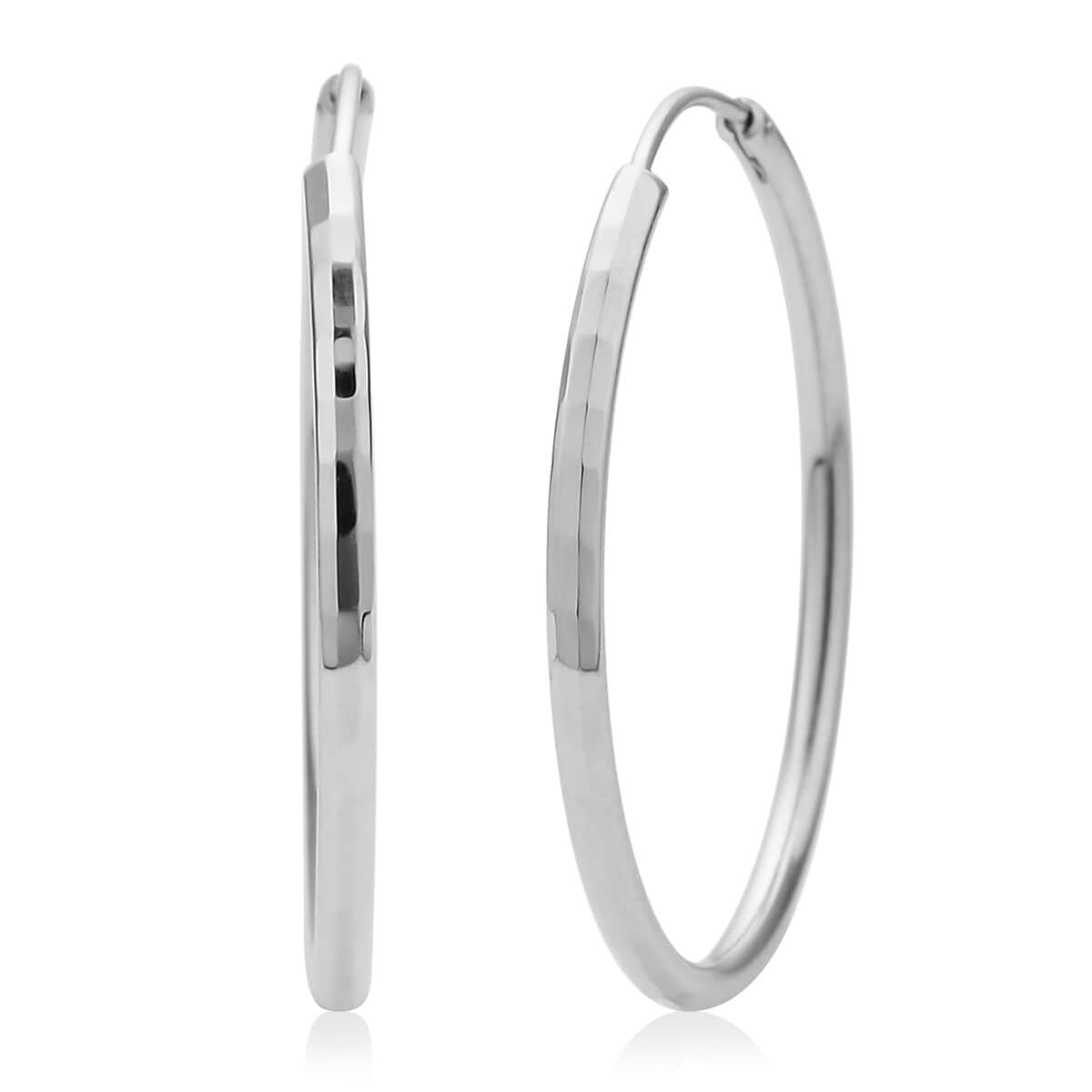 Rhodium Over Sterling Silver Classic Texture Hoop Earrings 2.70 Grams image number 0