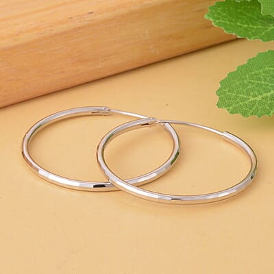 Rhodium Over Sterling Silver Classic Texture Hoop Earrings 2.70 Grams