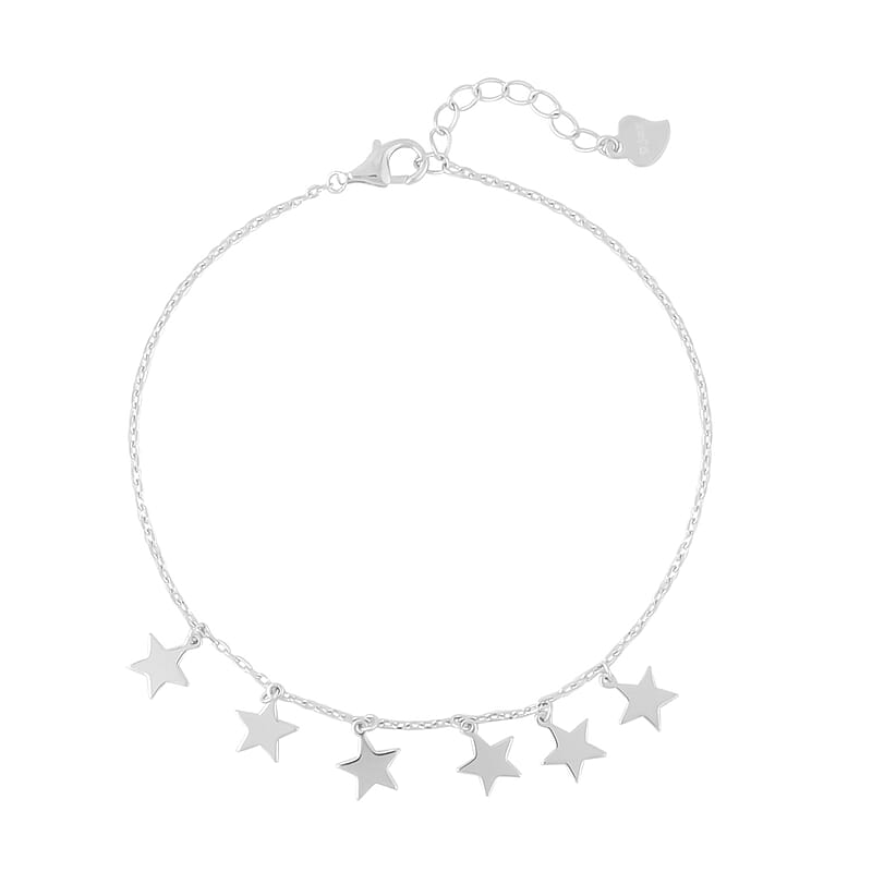 Rhodium Over Sterling Silver Super Stars Charm Bracelet with Extender (8.00 In) 2.10 Grams