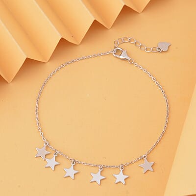 Rhodium Over Sterling Silver Super Stars Charm Bracelet with Extender (8.00 In) 2.10 Grams