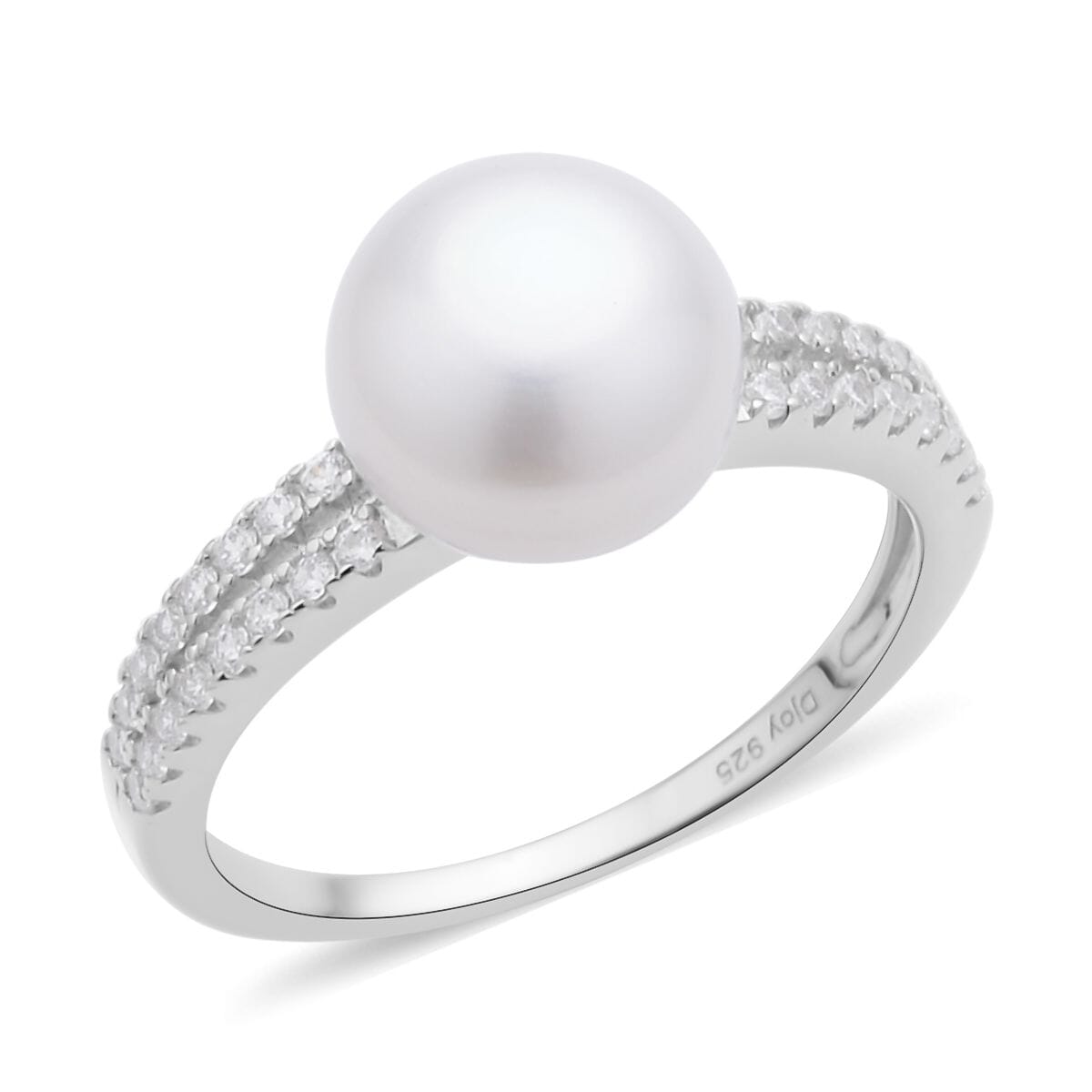 White Freshwater Pearl and Simulated Diamond Ring in Rhodium Over Sterling Silver 0.35 ctw image number 0