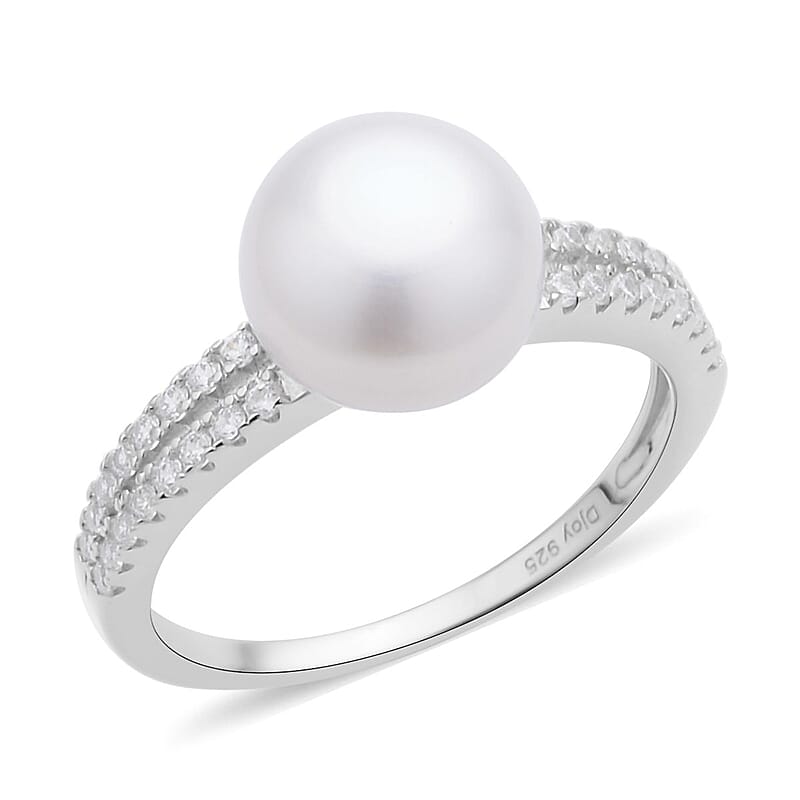 White Freshwater Pearl and Simulated Diamond Ring in Rhodium Over Sterling Silver (Size 10.0) 0.35 ctw