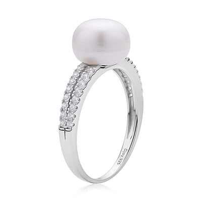 White Freshwater Pearl and Simulated Diamond Ring in Rhodium Over Sterling Silver (Size 10.0) 0.35 ctw
