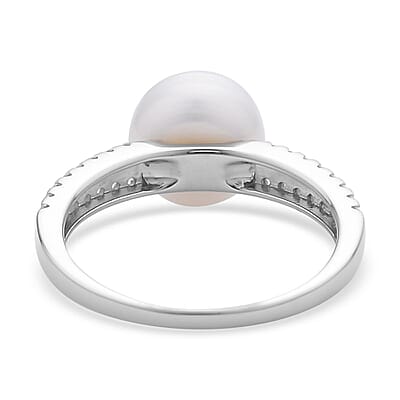 White Freshwater Pearl and Simulated Diamond Ring in Rhodium Over Sterling Silver (Size 10.0) 0.35 ctw