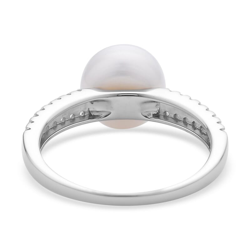 White Freshwater Pearl and Simulated Diamond Ring in Rhodium Over Sterling Silver (Size 10.0) 0.35 ctw