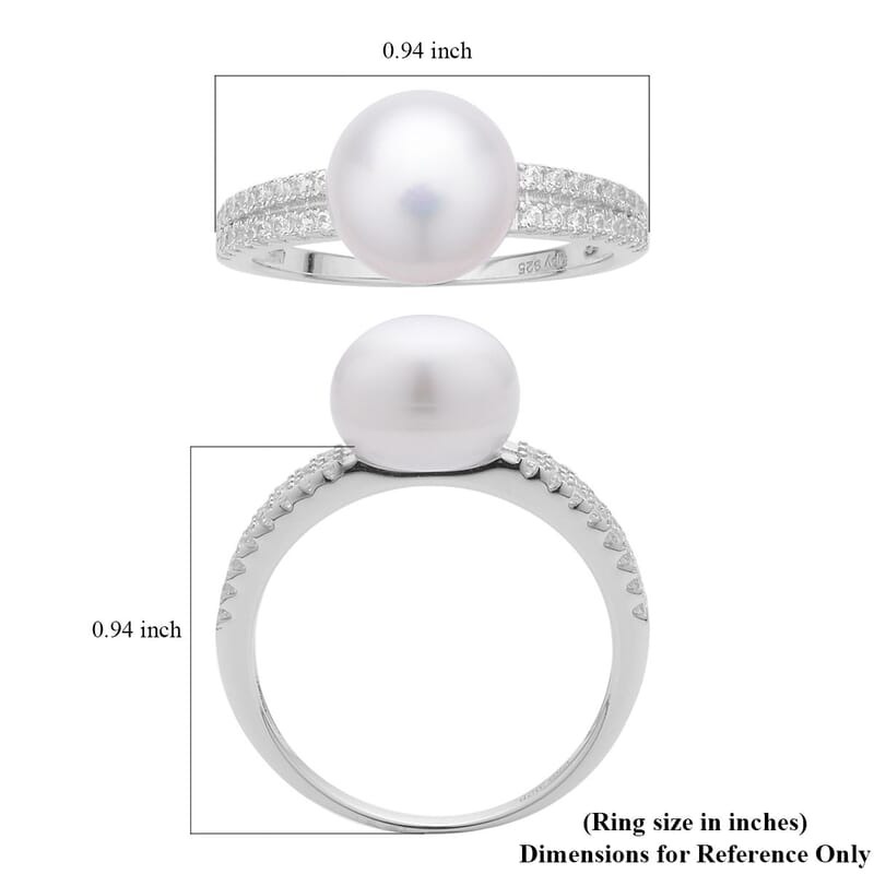 White Freshwater Pearl and Simulated Diamond Ring in Rhodium Over Sterling Silver (Size 10.0) 0.35 ctw