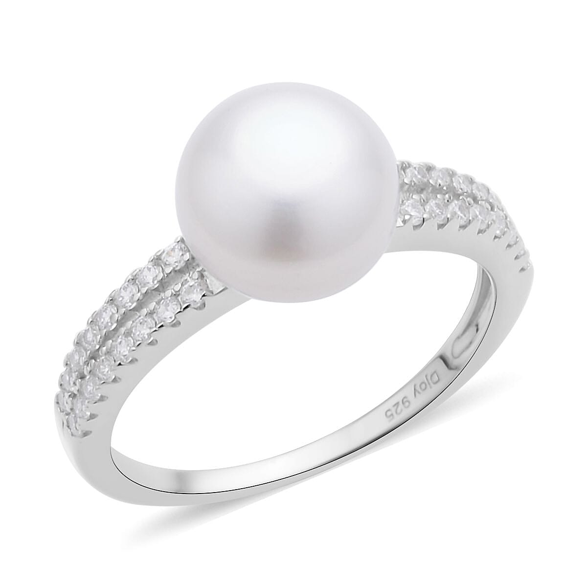White Freshwater Pearl and Simulated Diamond Ring in Rhodium Over Sterling Silver (Size 6.0) 0.35 ctw