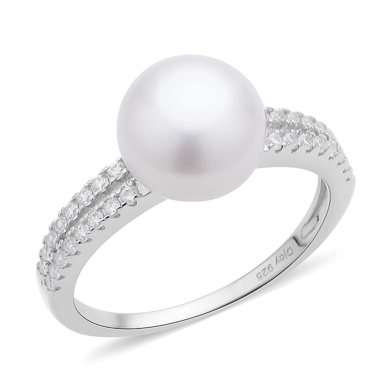 White Freshwater Pearl and Simulated Diamond Ring in Rhodium Over Sterling Silver (Size 6.0) 0.35 ctw