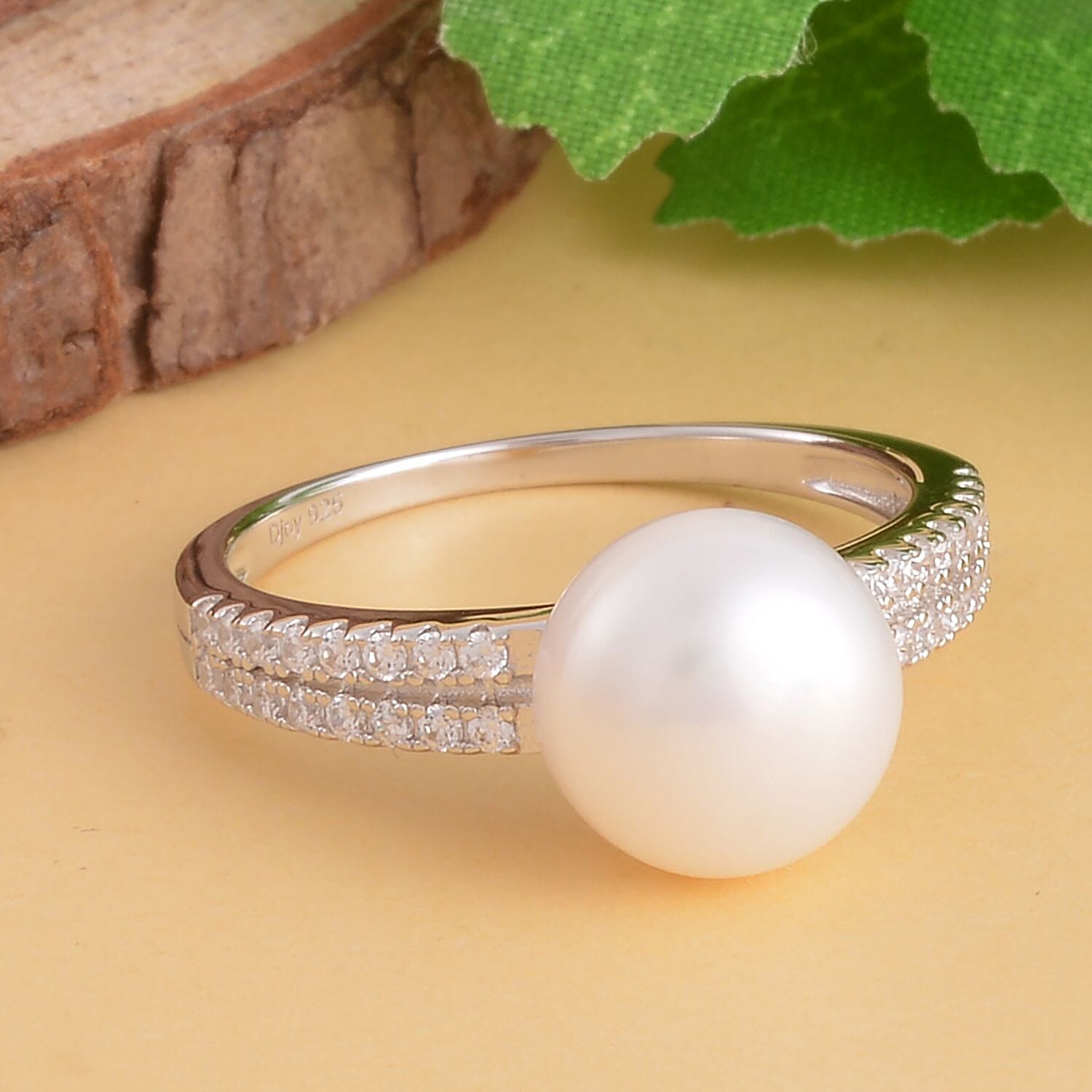 White Freshwater Pearl and Simulated Diamond Ring in Rhodium Over Sterling Silver (Size 6.0) 0.35 ctw