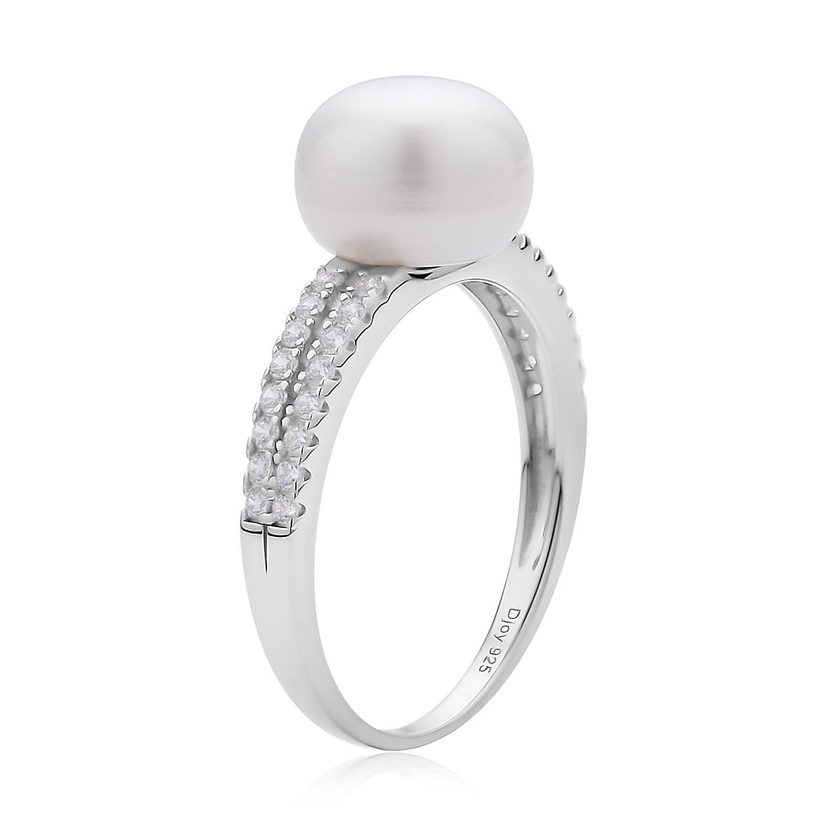 White Freshwater Pearl and Simulated Diamond Ring in Rhodium Over Sterling Silver (Size 6.0) 0.35 ctw