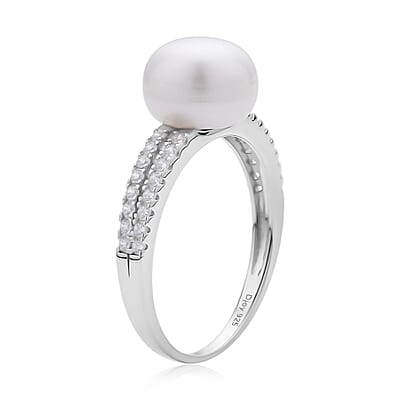 White Freshwater Pearl and Simulated Diamond Ring in Rhodium Over Sterling Silver (Size 6.0) 0.35 ctw
